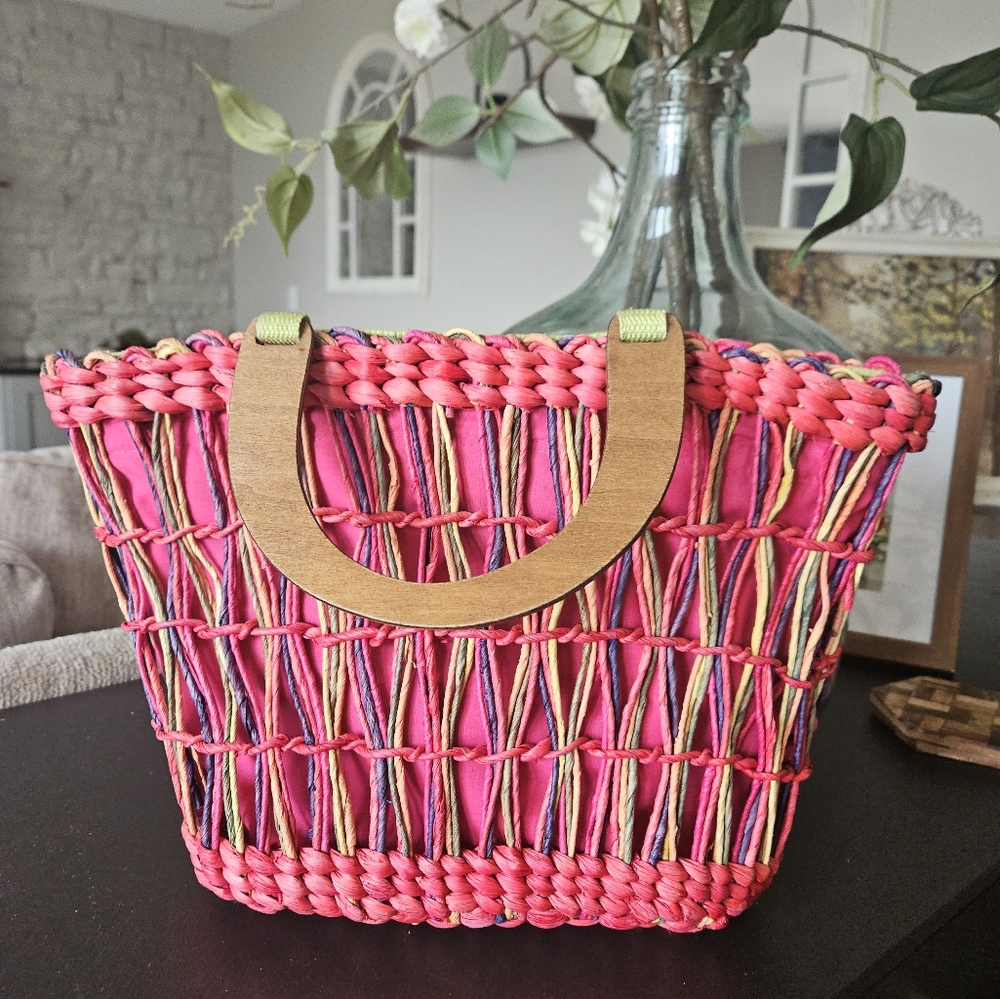 Chicos pink straw tote large